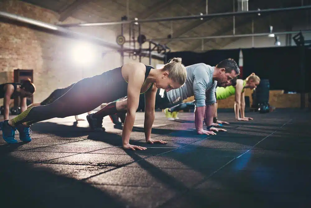 group performing pushups