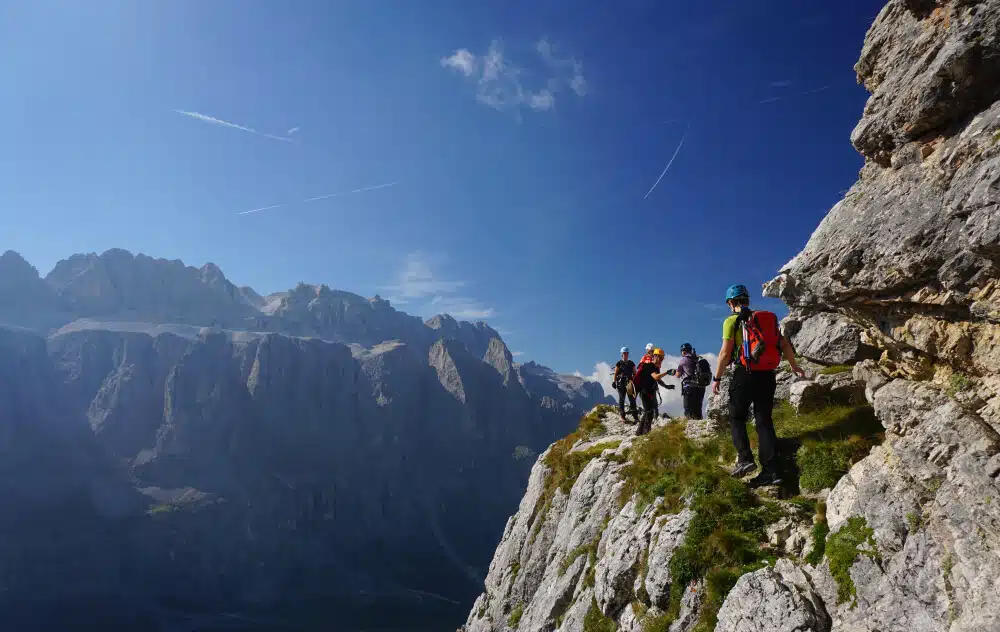 group of climbers walking off mountain