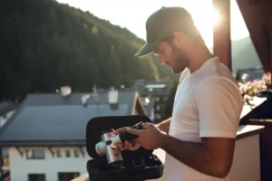 male climber holding massage gun for recovery